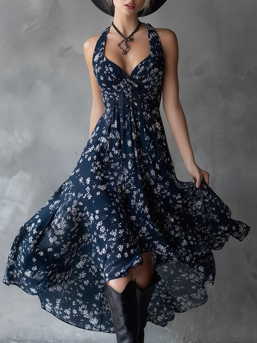 Thora Blue Chiffon Floral Maxi Dress