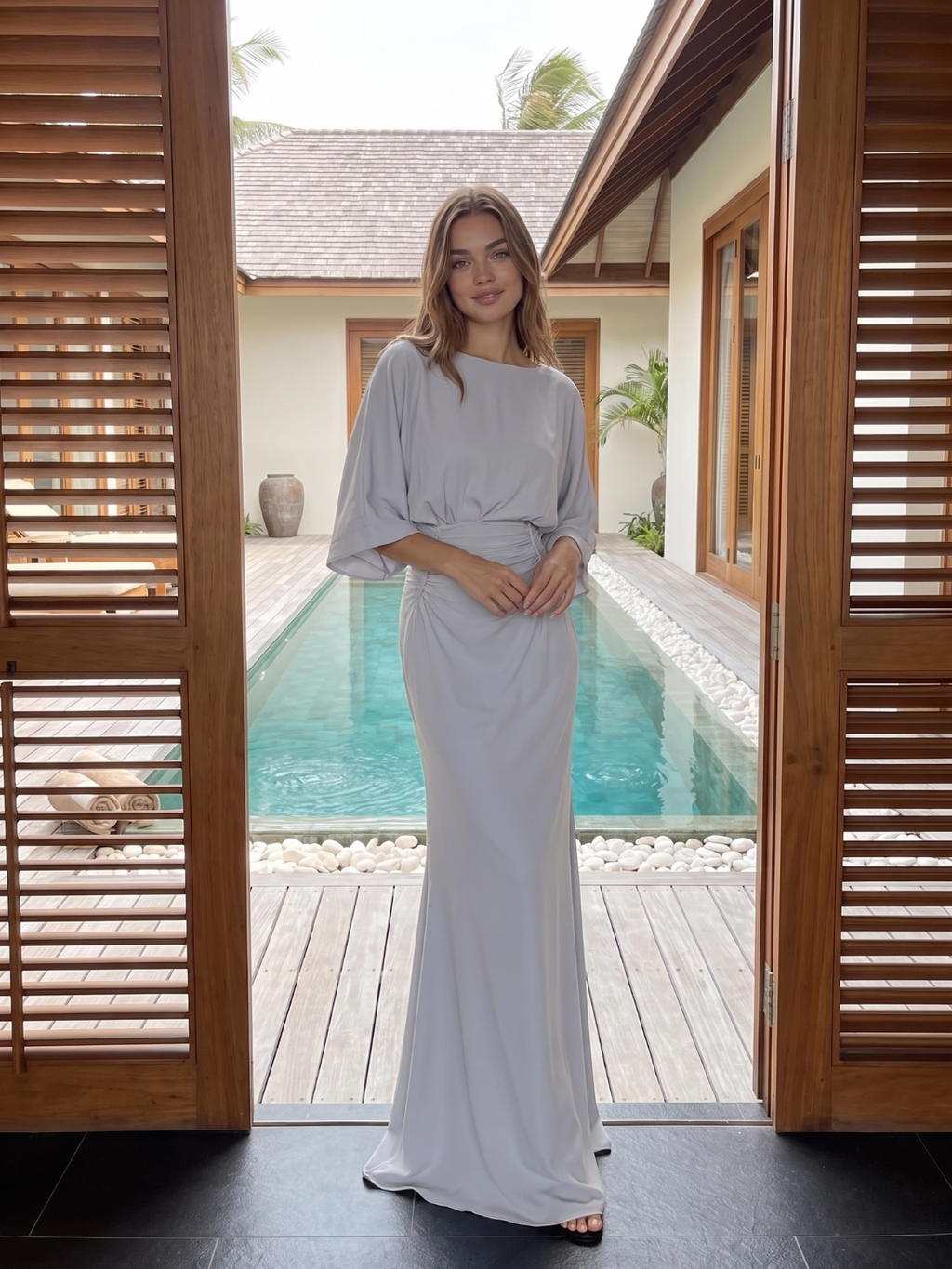 DIANTHA Women's Batwing Sleeve Pleated Maxi Dress