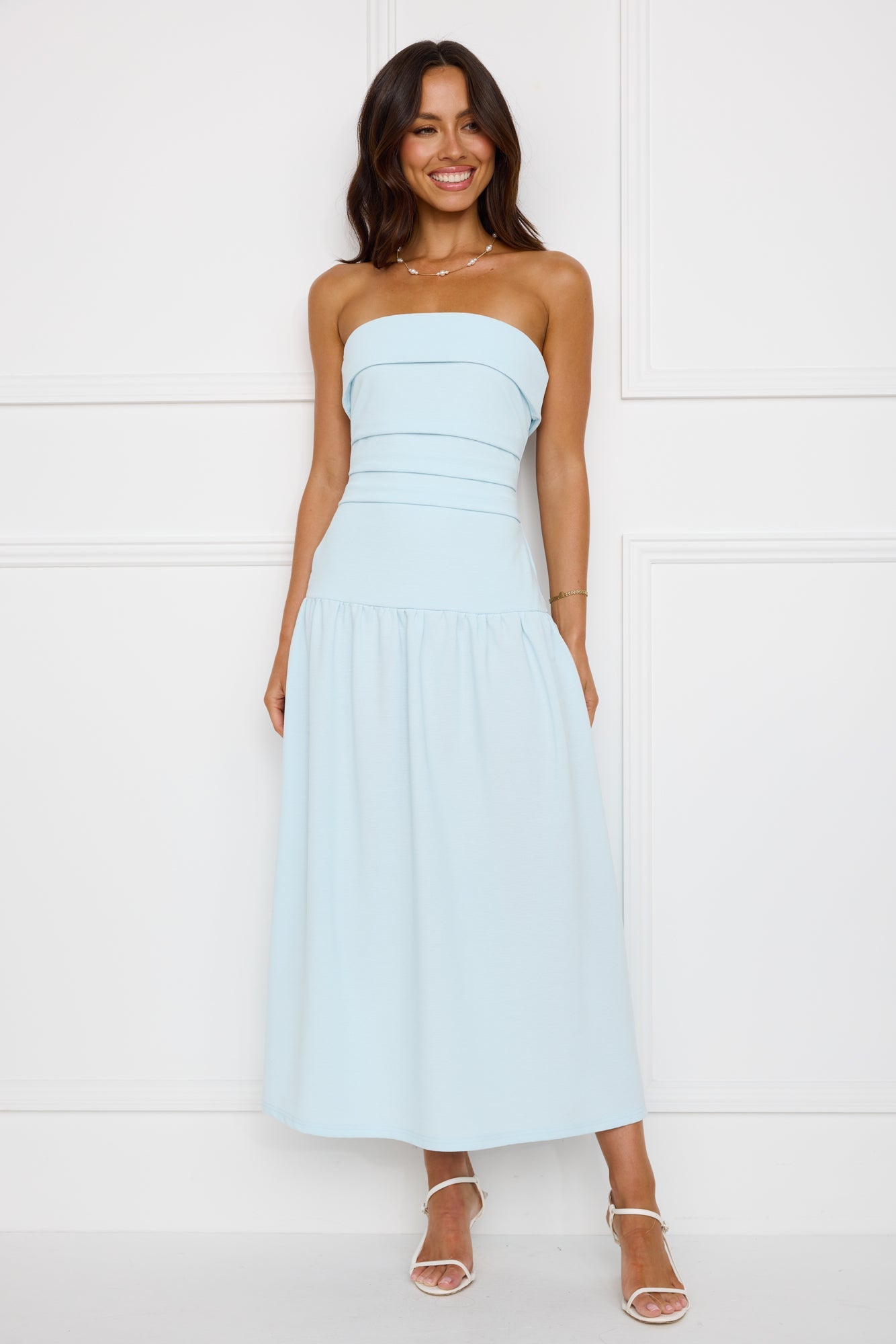 Una Blue Strapless Midi Dress