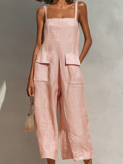 Thora Pink Linen Sleeveless Jumpsuit