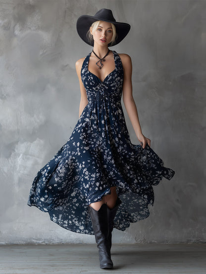 Thora Blue Chiffon Floral Maxi Dress
