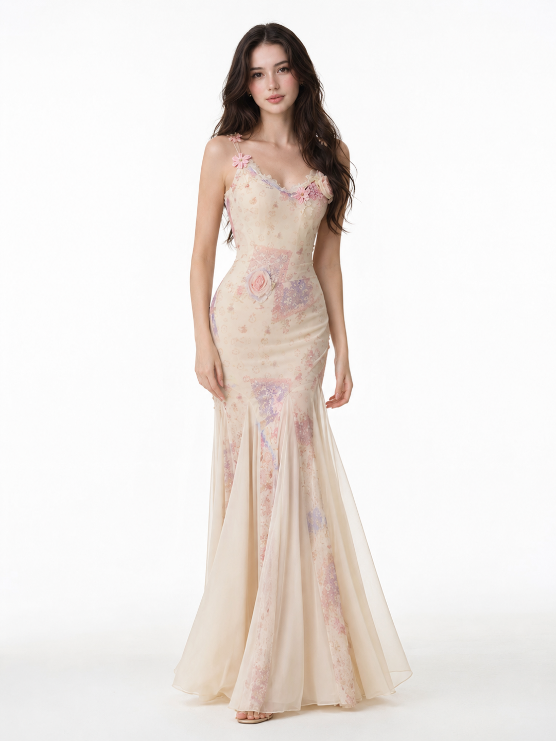 EMORY Women's Spaghetti Strap Floral Print Fishtail Maxi Dress