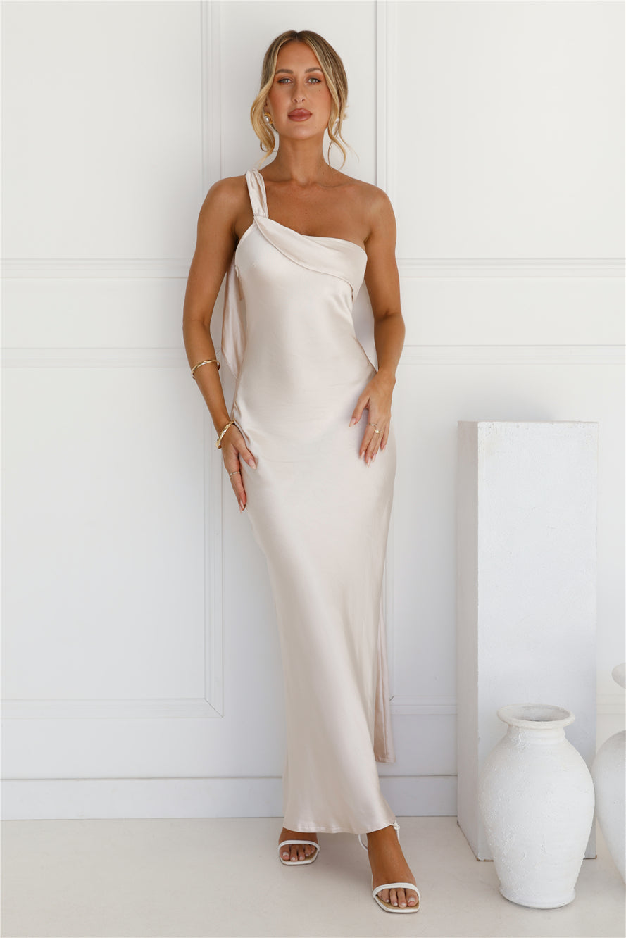 Helena Champagne Satin One Shoulder Maxi Dress