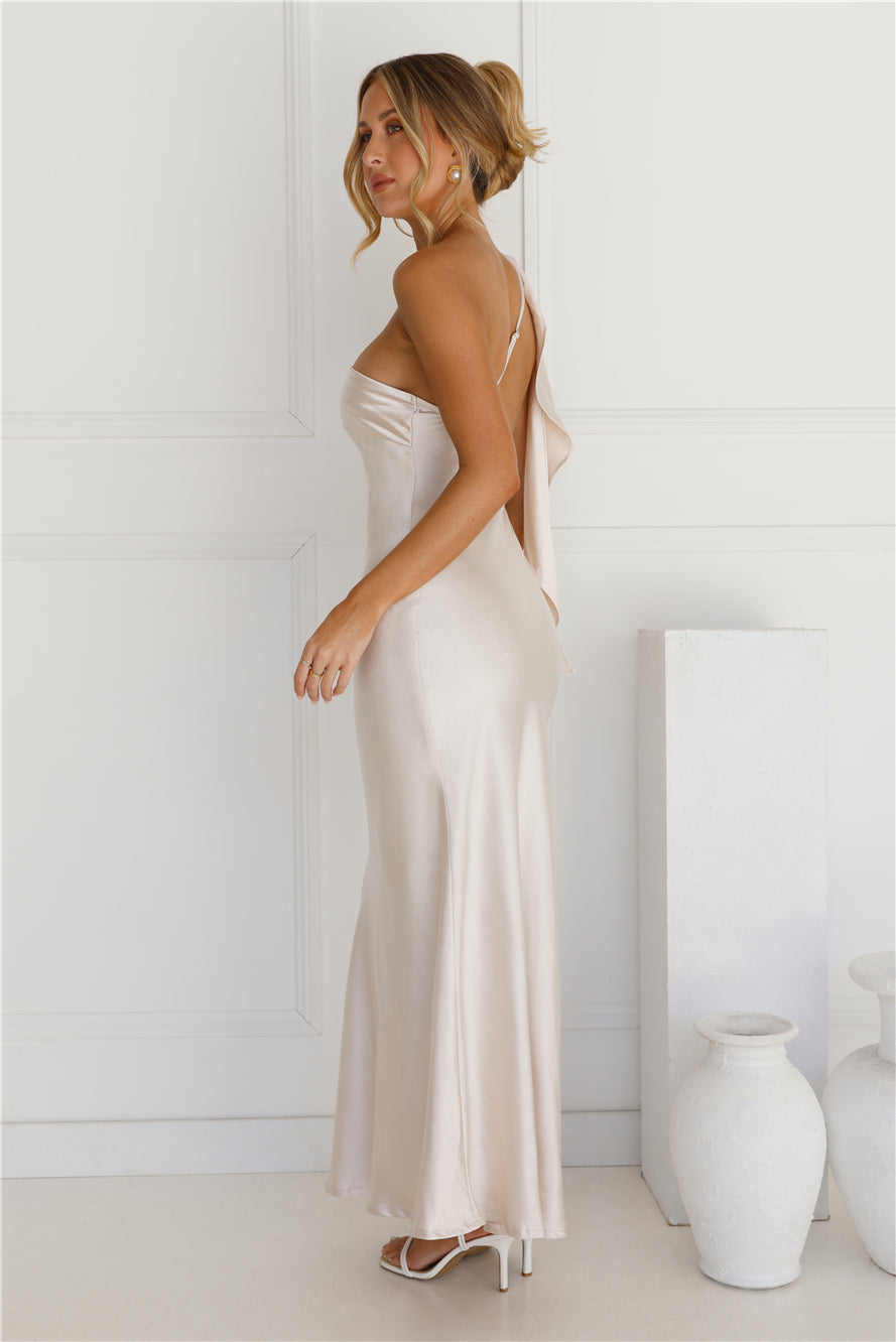 Helena Champagne Satin One Shoulder Maxi Dress