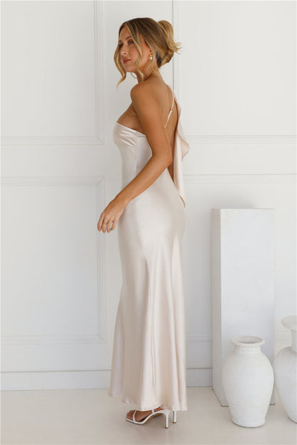 Helena Champagne Satin One Shoulder Maxi Dress