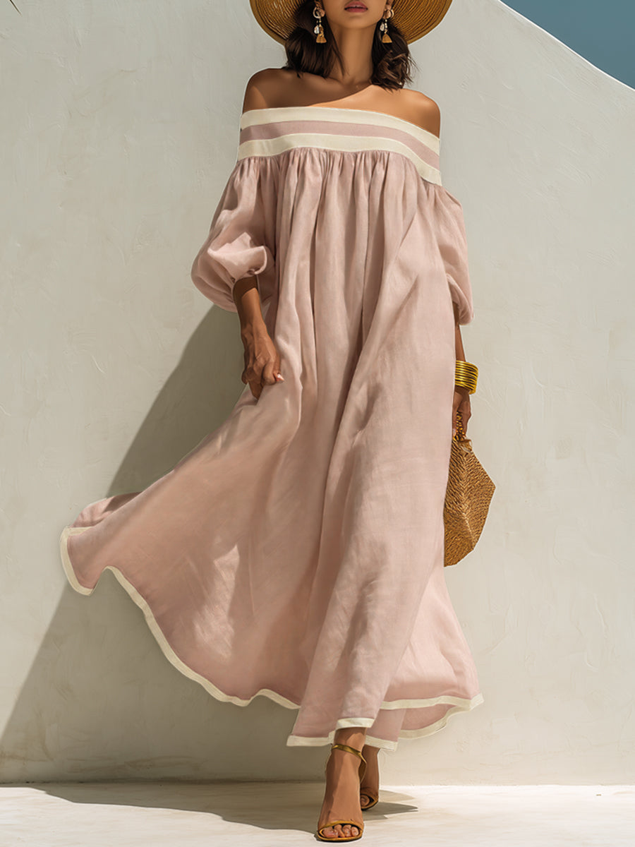 Yara Beige Linen Off-Shoulder Maxi Dress