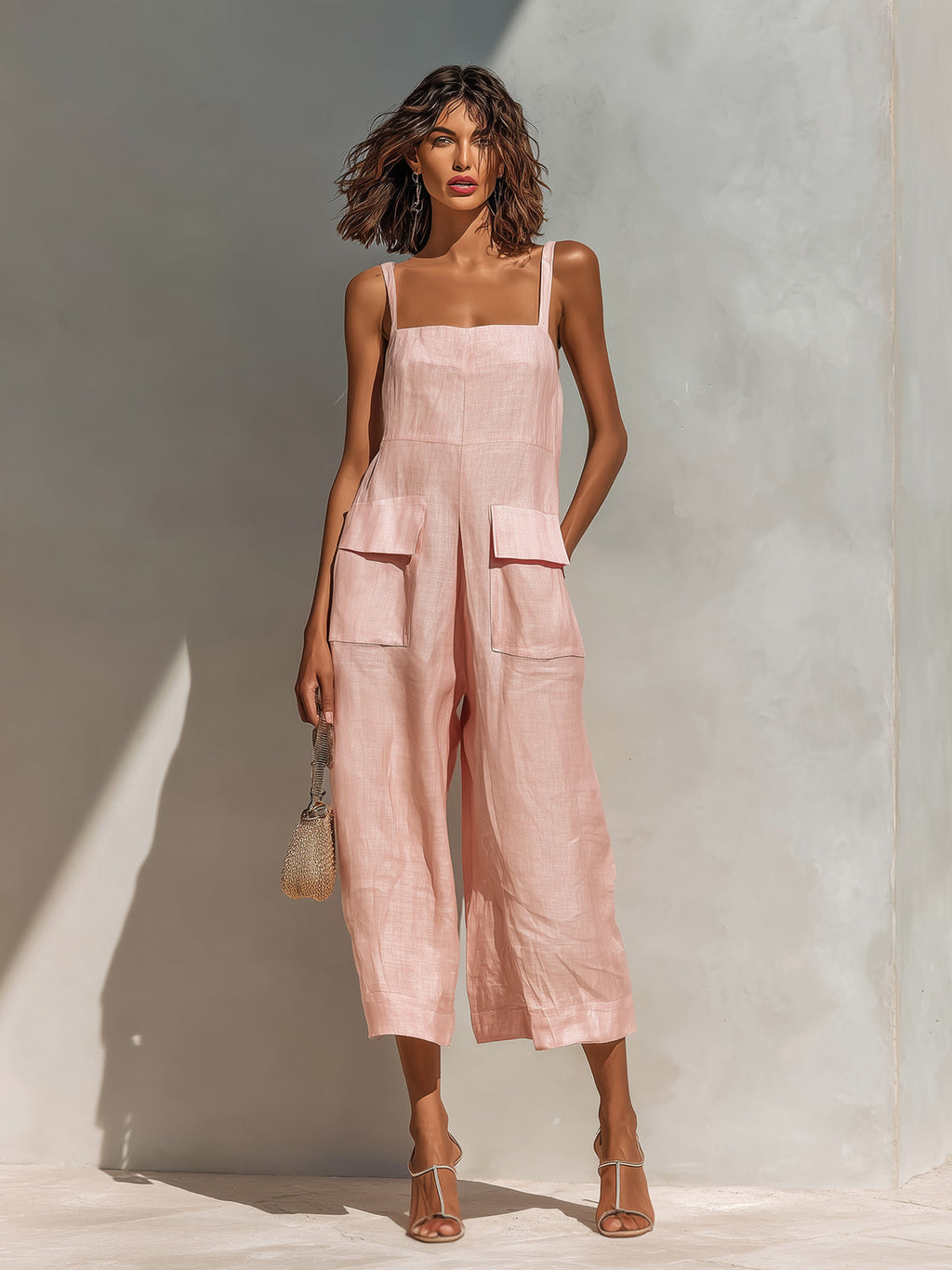 Thora Pink Linen Sleeveless Jumpsuit