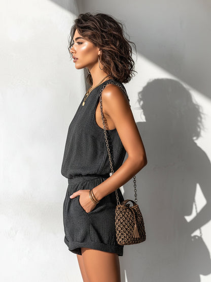 Sable Black Linen Sleeveless Romper