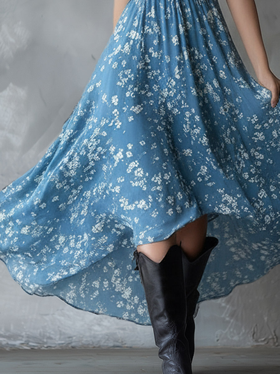 Thora Blue Chiffon Floral Maxi Dress
