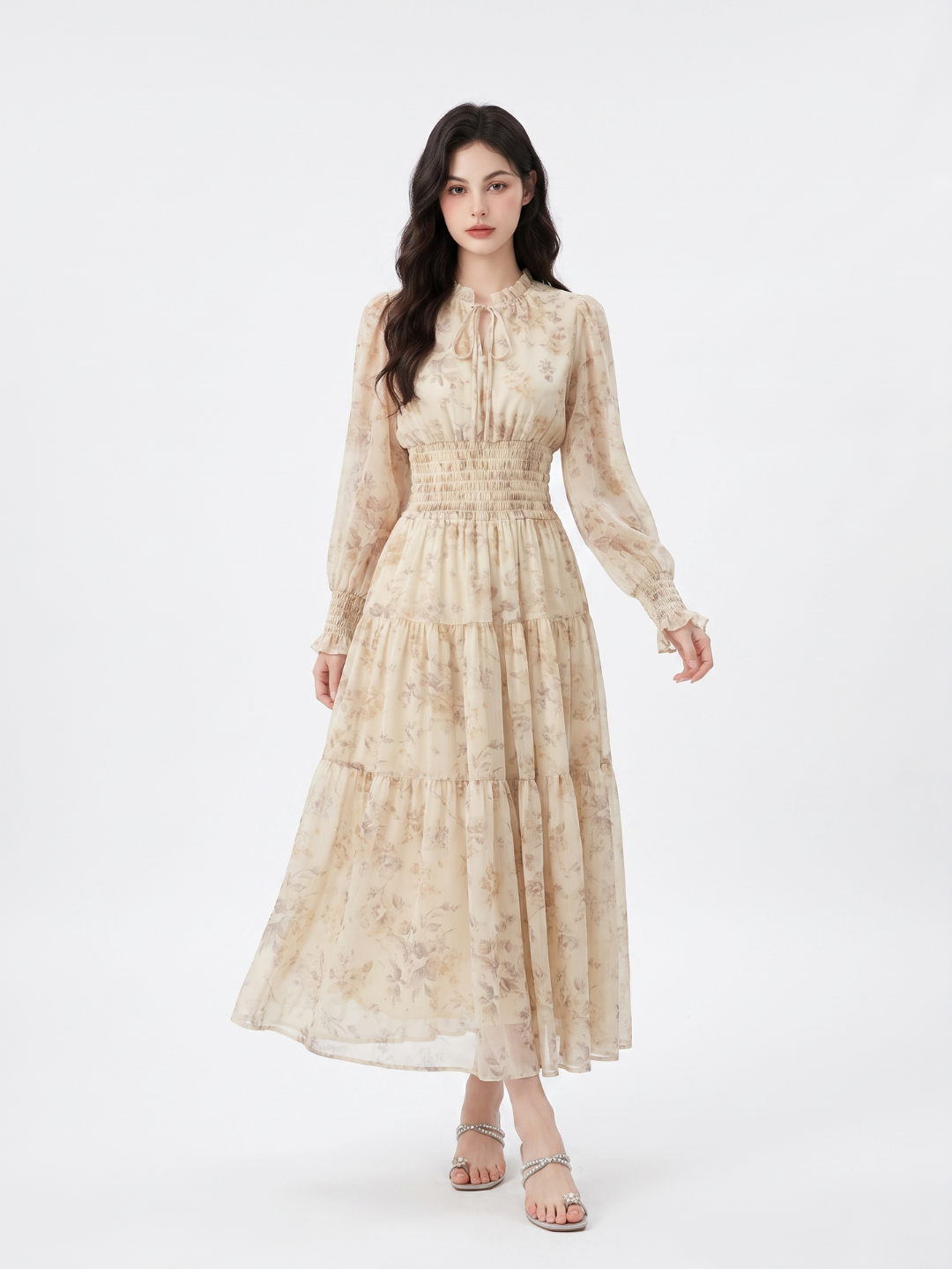 FIONNA Women's Long Sleeve Floral Print Smocked Waist Maxi Dress
