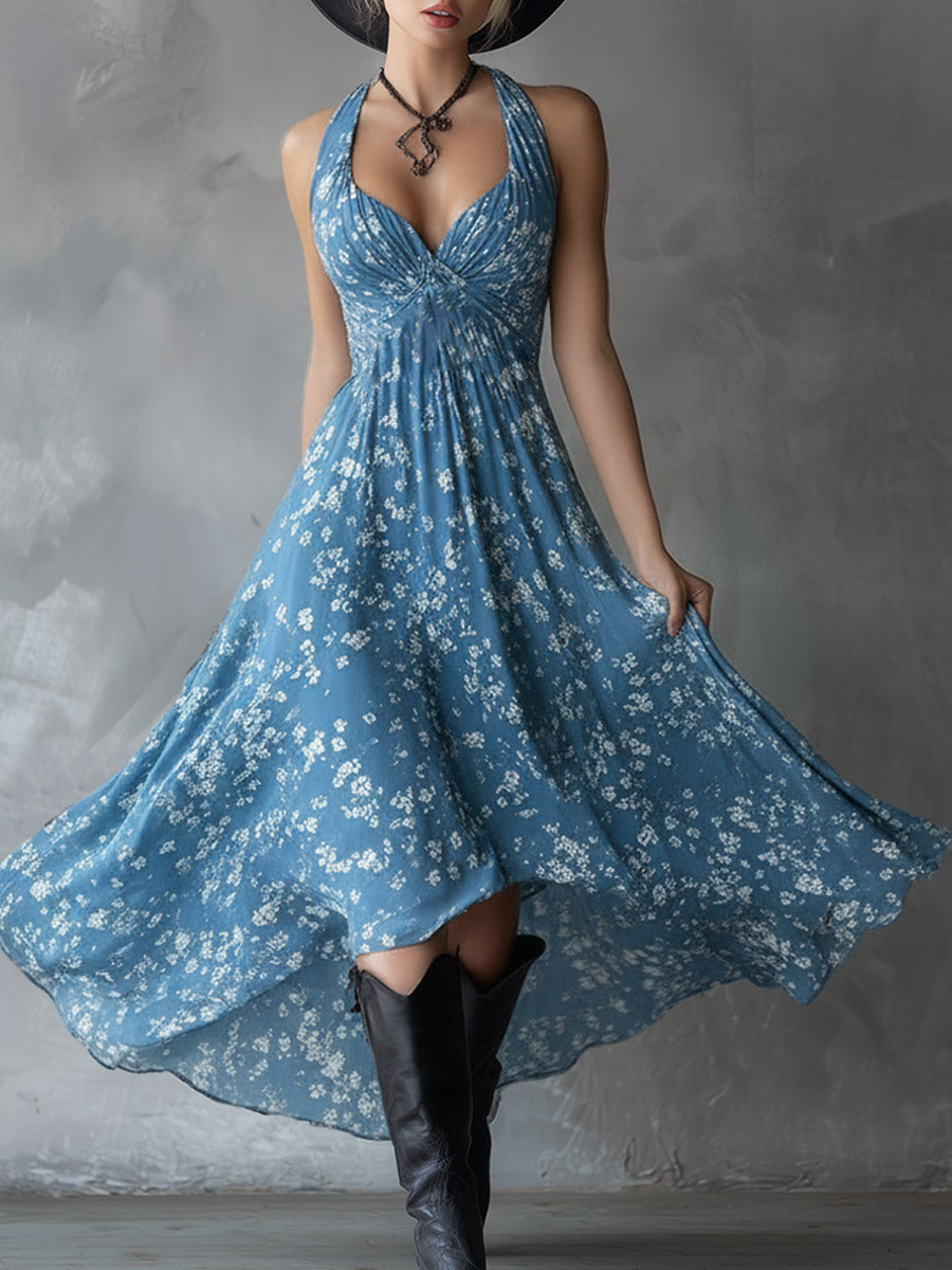 Thora Blue Chiffon Floral Maxi Dress
