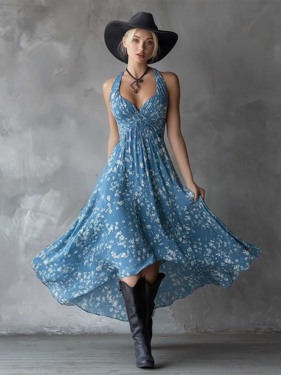 Thora Blue Chiffon Floral Maxi Dress