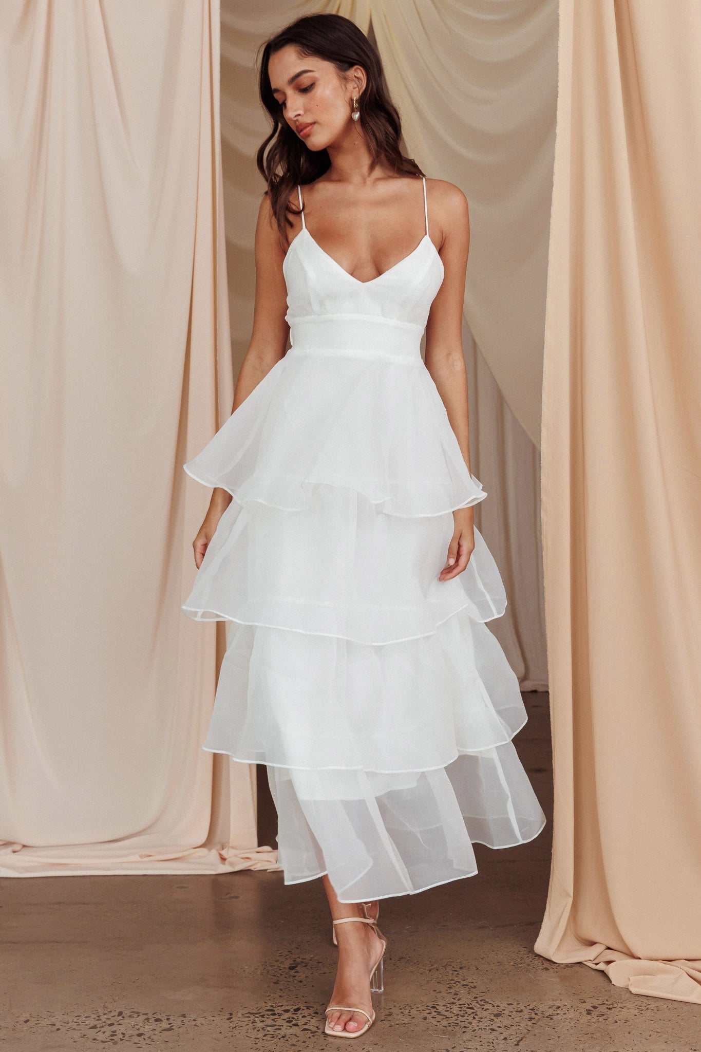 Yseult White Ruffle Midi Dress