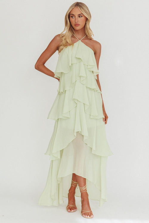 Clematis Sage Ruffle Maxi Dress