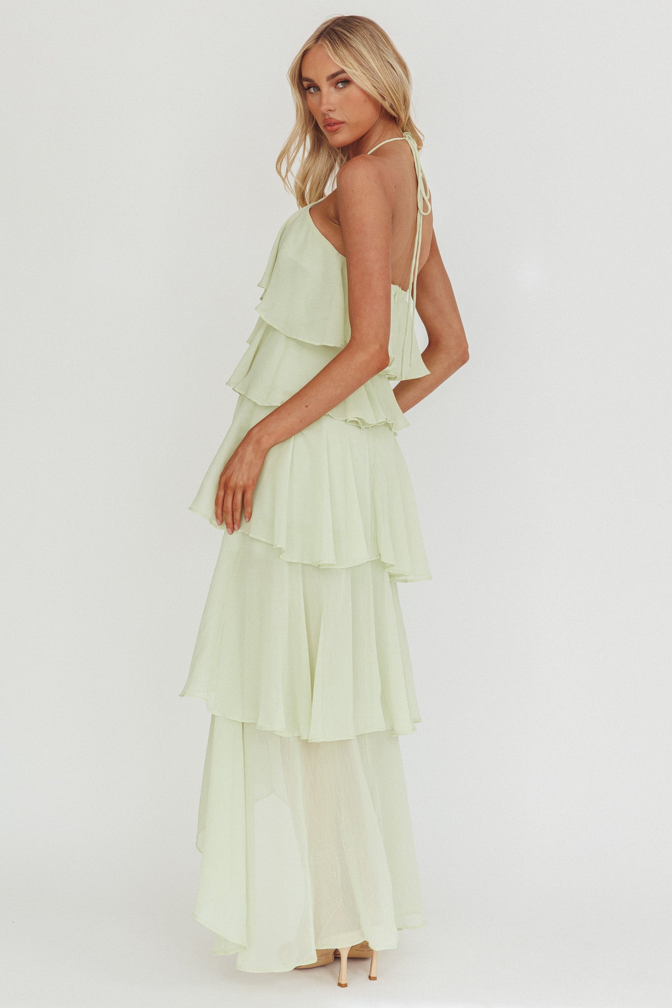 Clematis Sage Ruffle Maxi Dress