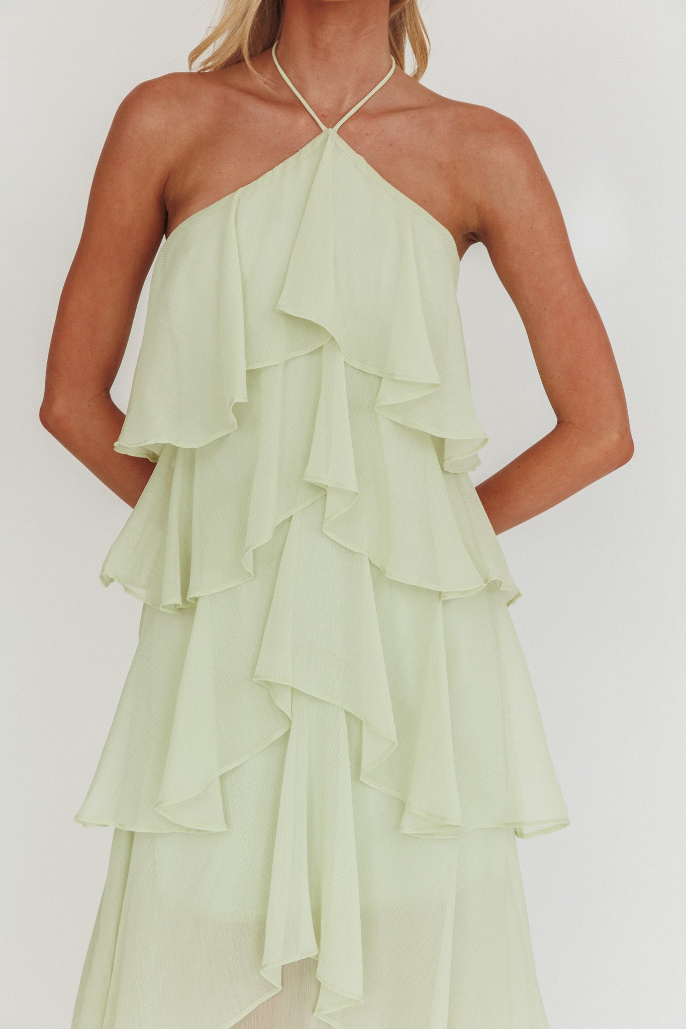 Clematis Sage Ruffle Maxi Dress