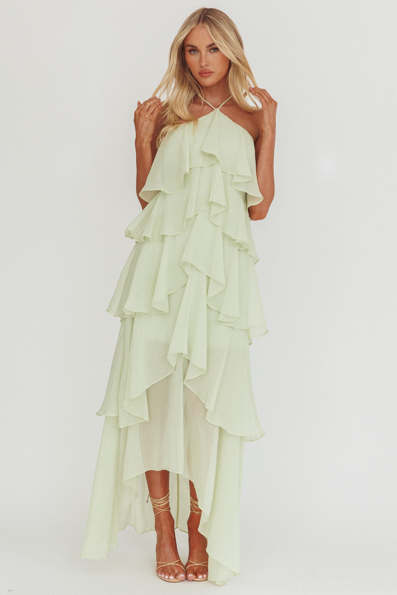 Clematis Sage Ruffle Maxi Dress