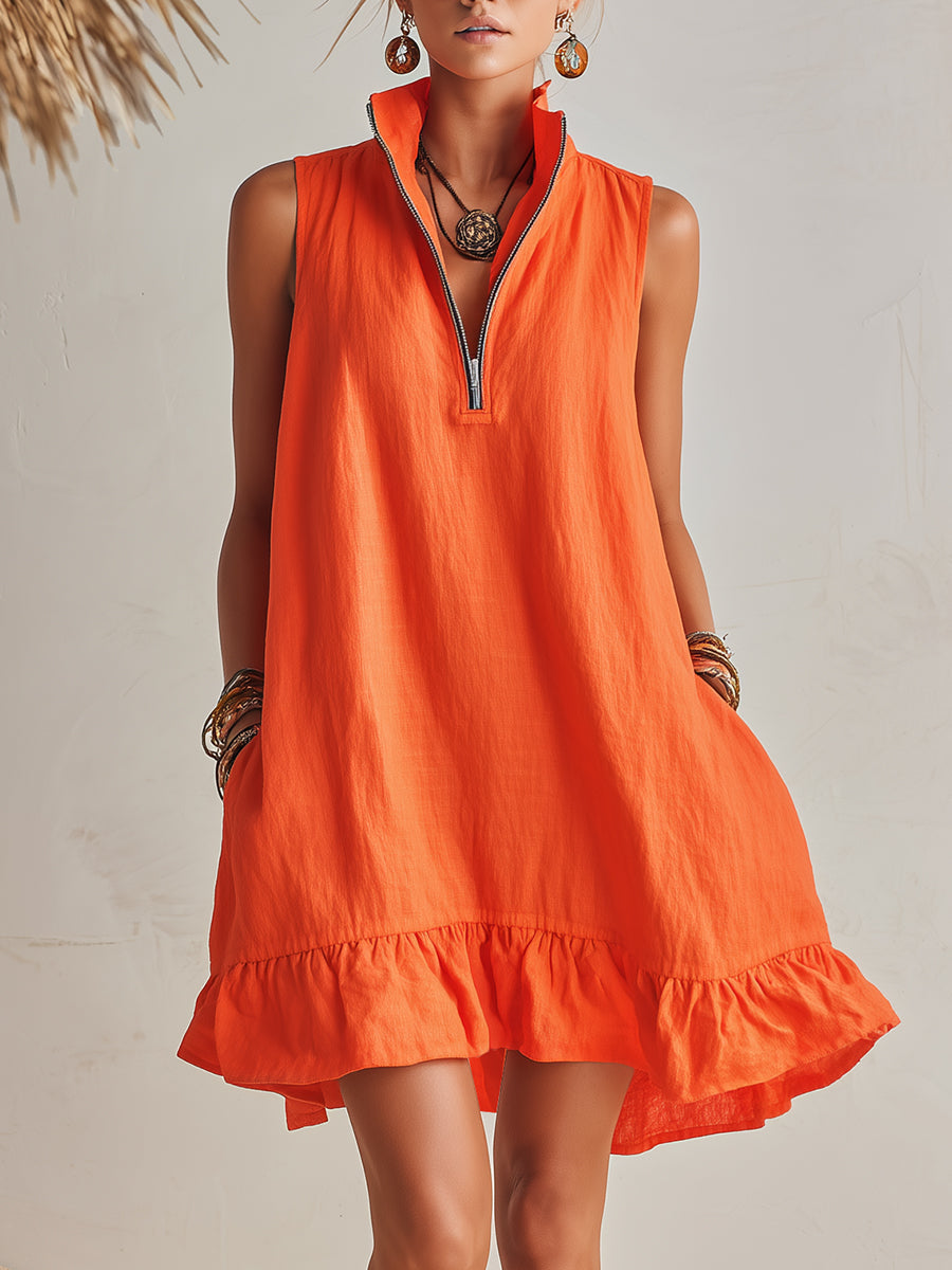 Esme Orange Linen Ruffle Mini Dress