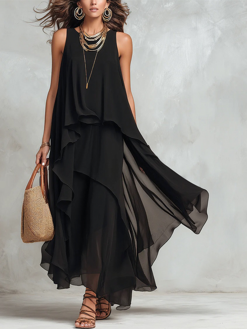 Arabella Black Chiffon Sleeveless Maxi Dress