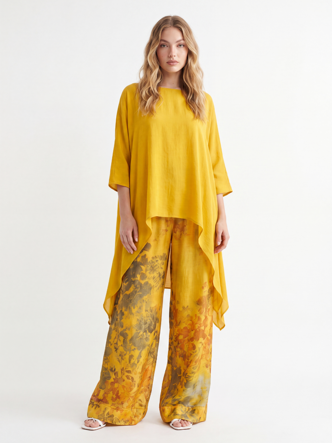 IONE Women's Asymmetric Top and Floral Print Wide Leg Pants Set