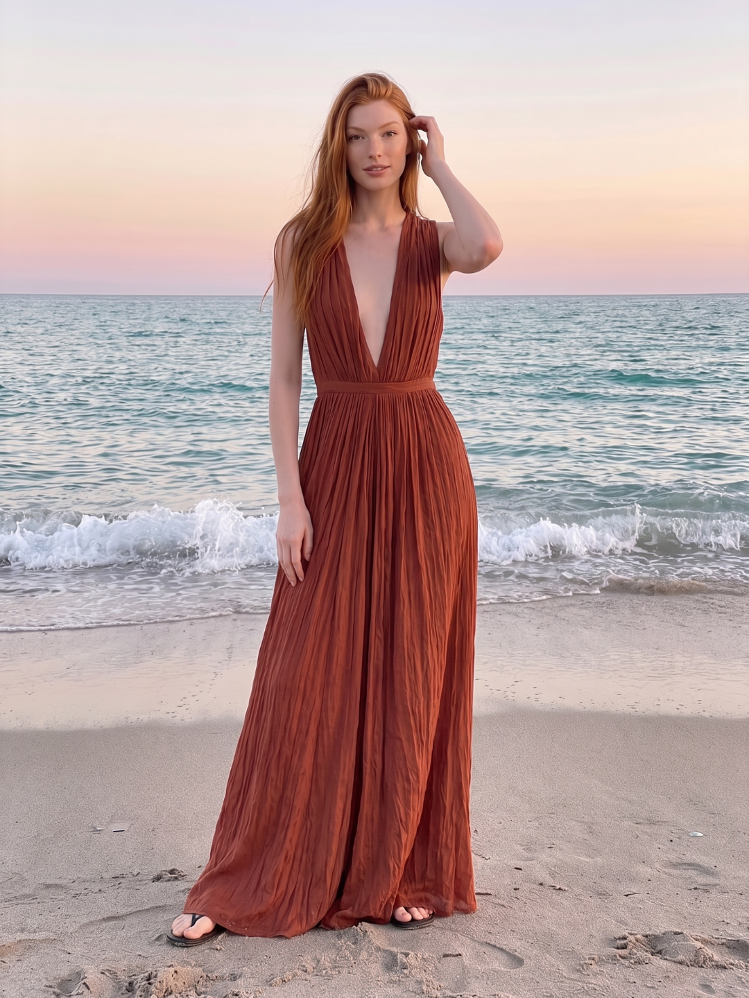 VALERIA Women's Deep V-Neck Pleated Maxi Dress