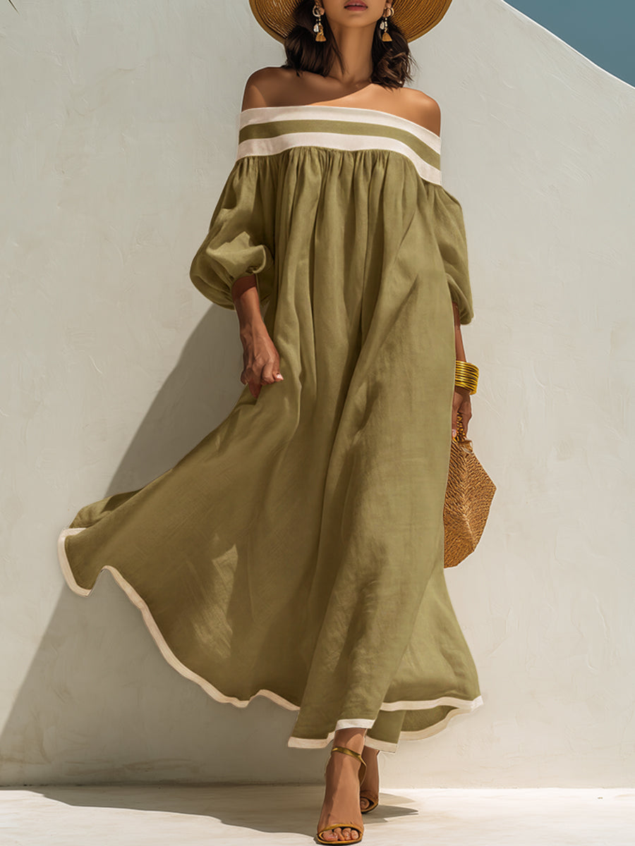 Yara Beige Linen Off-Shoulder Maxi Dress