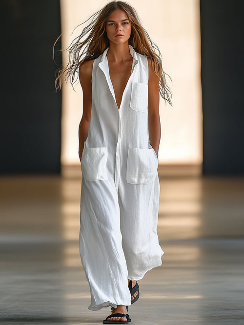 Cosima White Linen Sleeveless Jumpsuit