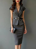 Bess | Belted Lapel Peplum Sheath Dress