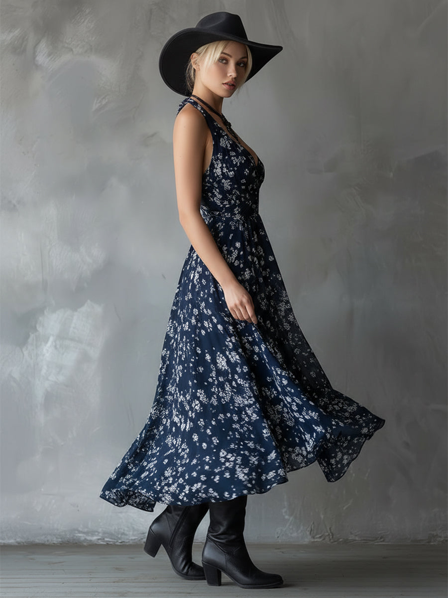 Thora Blue Chiffon Floral Maxi Dress