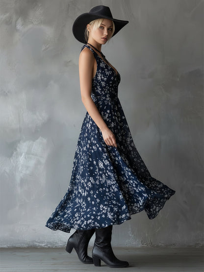 Thora Blue Chiffon Floral Maxi Dress