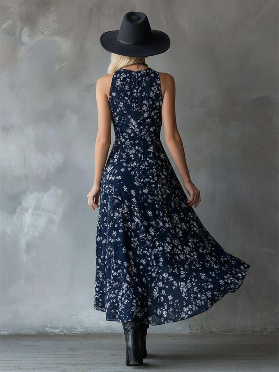 Thora Blue Chiffon Floral Maxi Dress