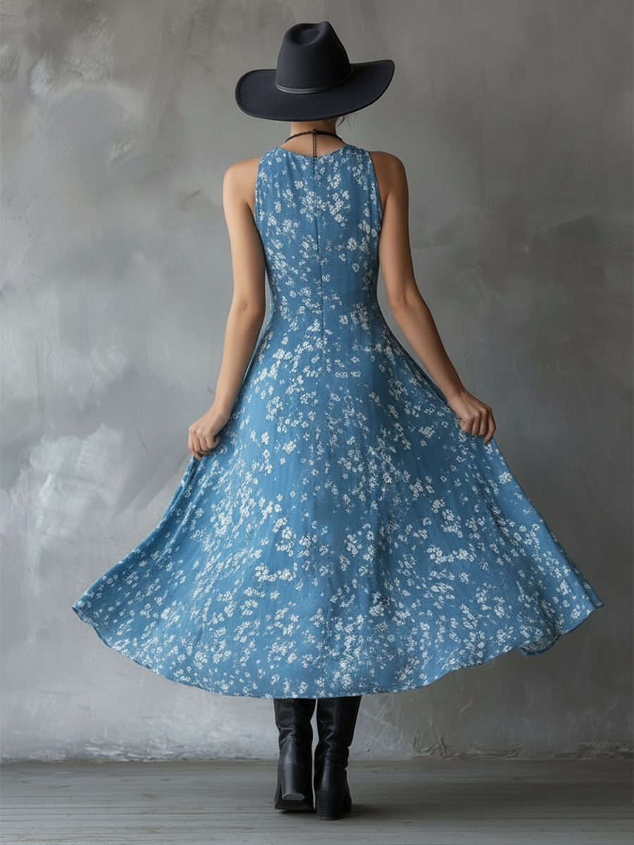 Thora Blue Chiffon Floral Maxi Dress