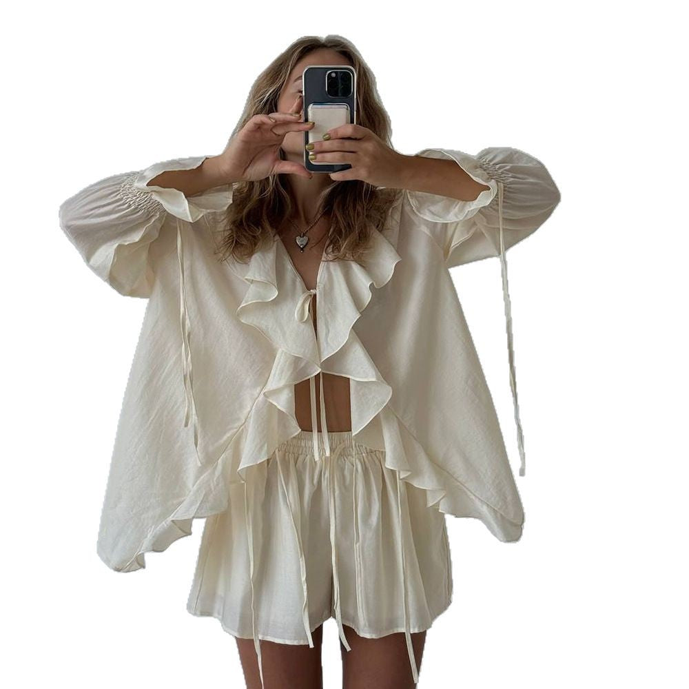 LILAROSE Women's Ruffle Lace-Up Blouse and Shorts Set