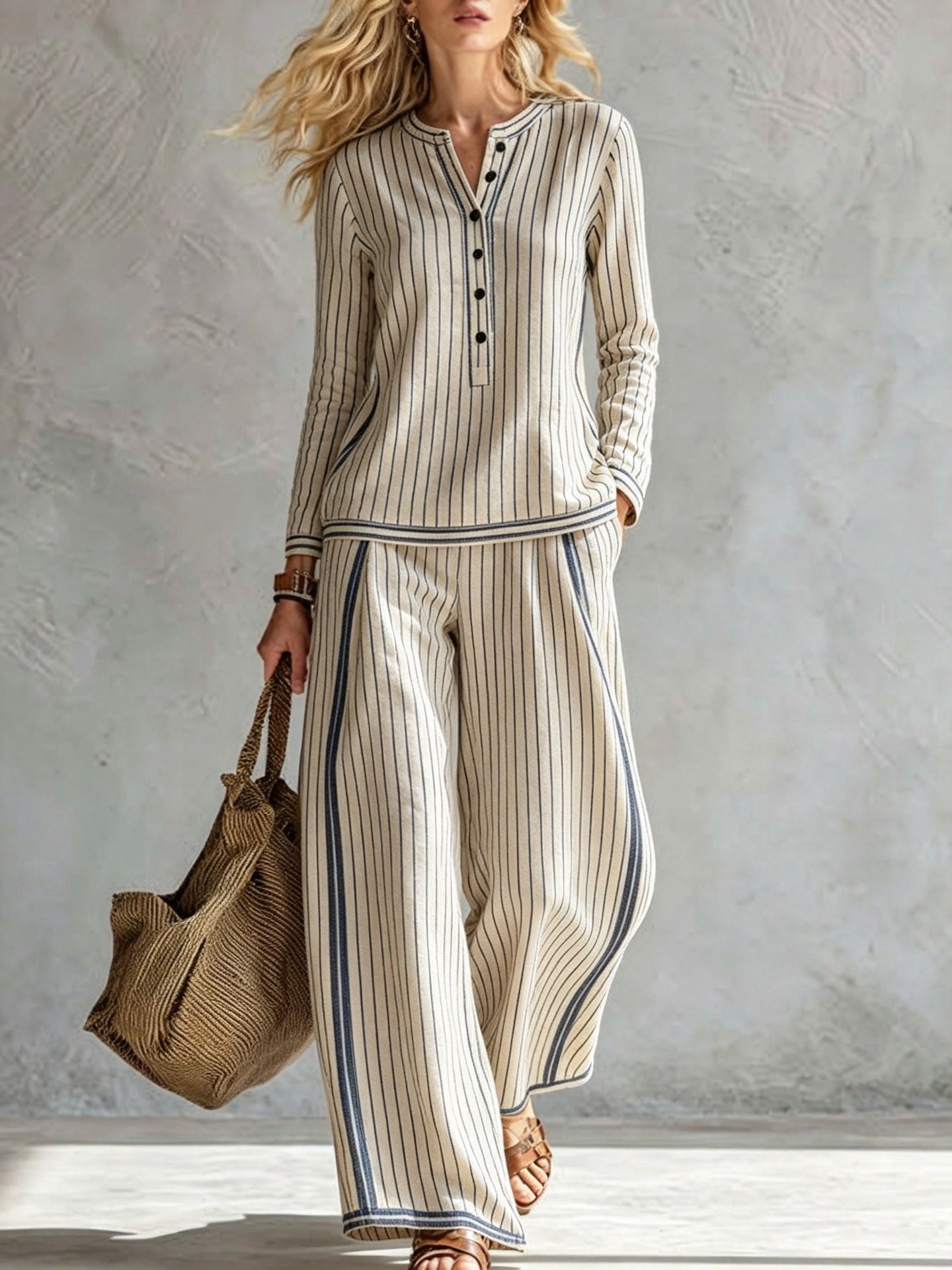 PERSEPHONE Women's Long Sleeve Striped Henley Top and Wide Leg Trouser Set