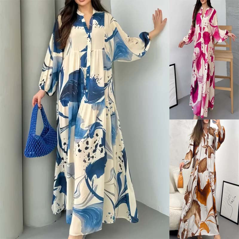 RAYLEE Women's Long Sleeve Abstract Print Maxi Shirt Dress