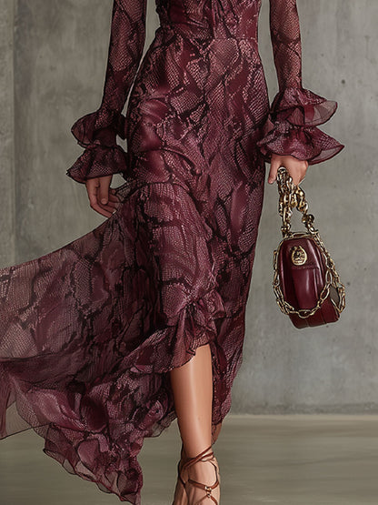 Blythe Burgundy Chiffon Ruffle Maxi Dress