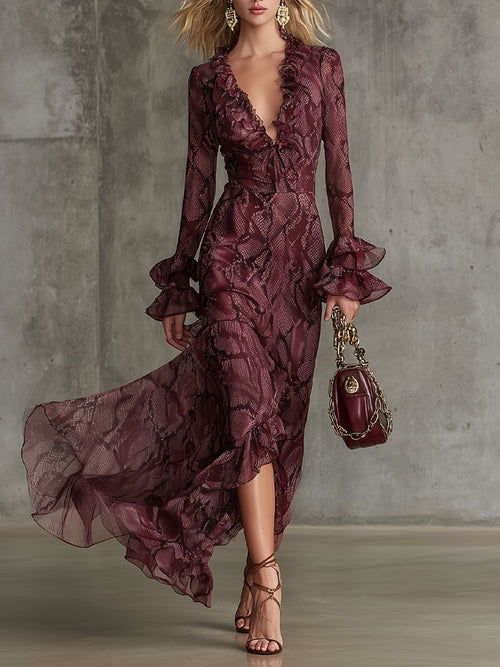 Blythe Burgundy Chiffon Ruffle Maxi Dress