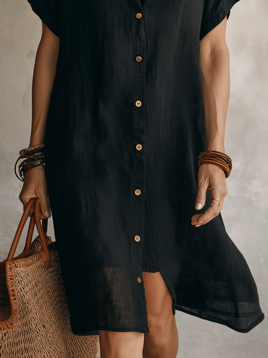 Jeyra Black Linen Midi Dress