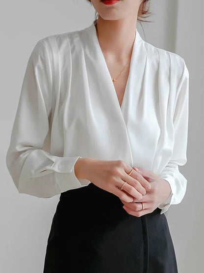 Sixtine White Satin V-Neck Blouse