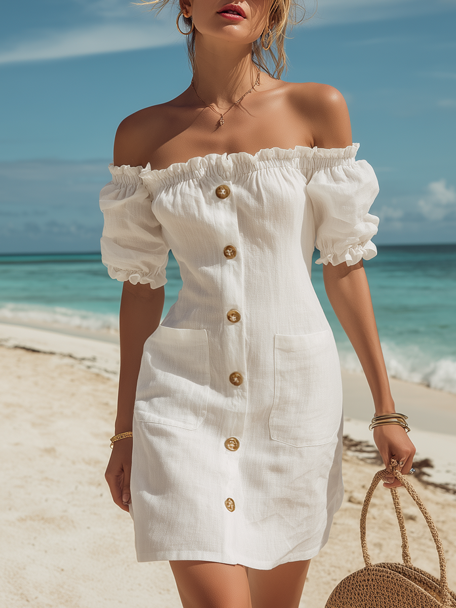Elsie White Linen Off-Shoulder Mini Dress